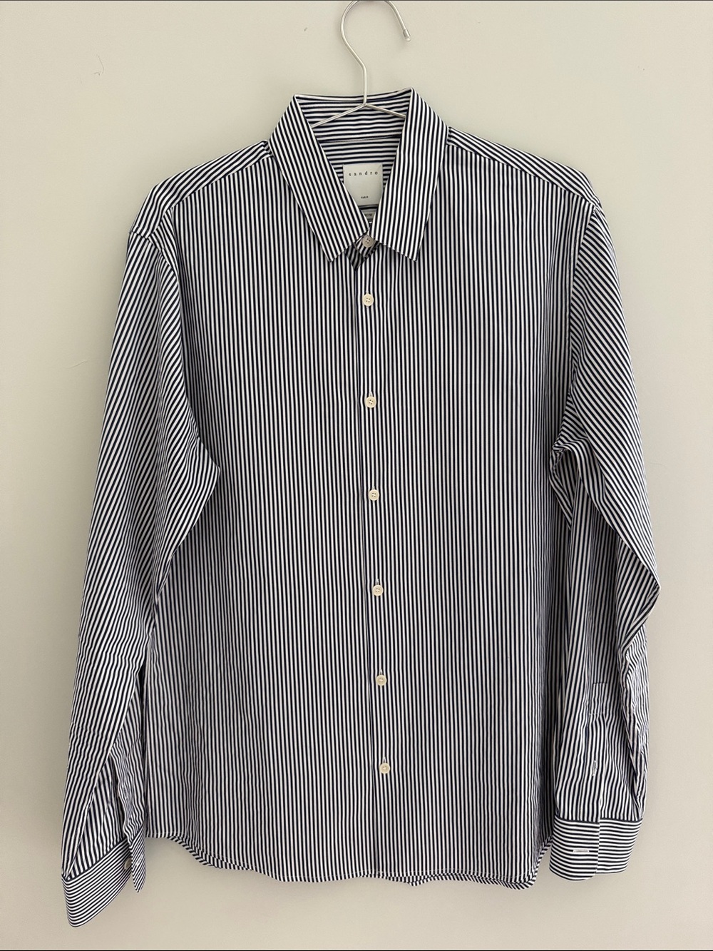 Sandro Navy and White Vertical Stripe Dress Shirt